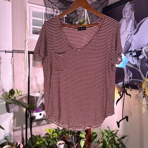 W Wantable Women's XL Burgundy White Stripe Pocket V Neck T Shirt Top